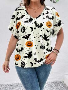 SHEIN LUNE 万圣节休闲南瓜和蝙蝠全身印花宽松大码女式 V 领短袖 T 恤套头衫，适合夏季