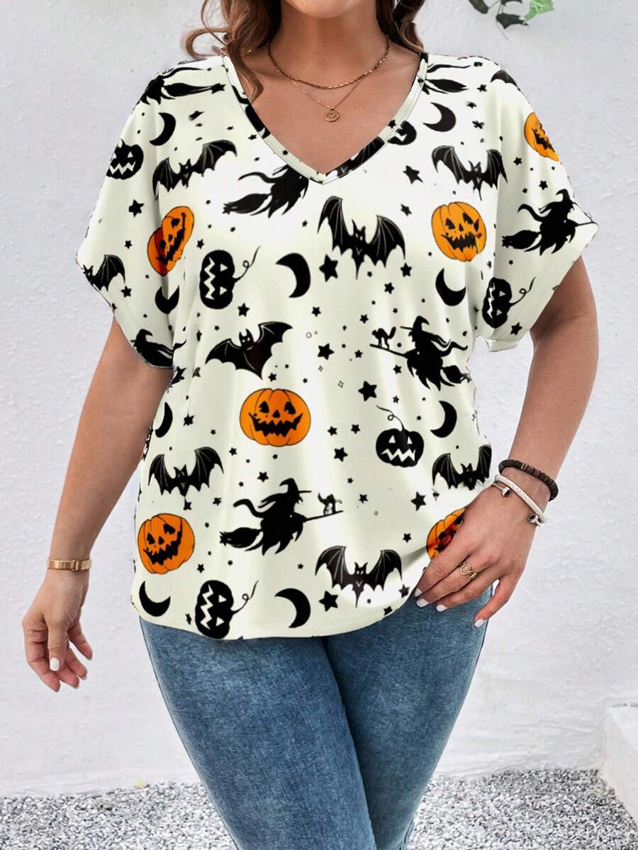 SHEIN LUNE 万圣节休闲南瓜和蝙蝠全身印花宽松大码女式 V 领短袖 T 恤套头衫，适合夏季