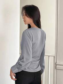 DAZY Elegant French Style V-Neck Tie-Waist Slim Fit Blouse For Mature Women Long Sleeve Top