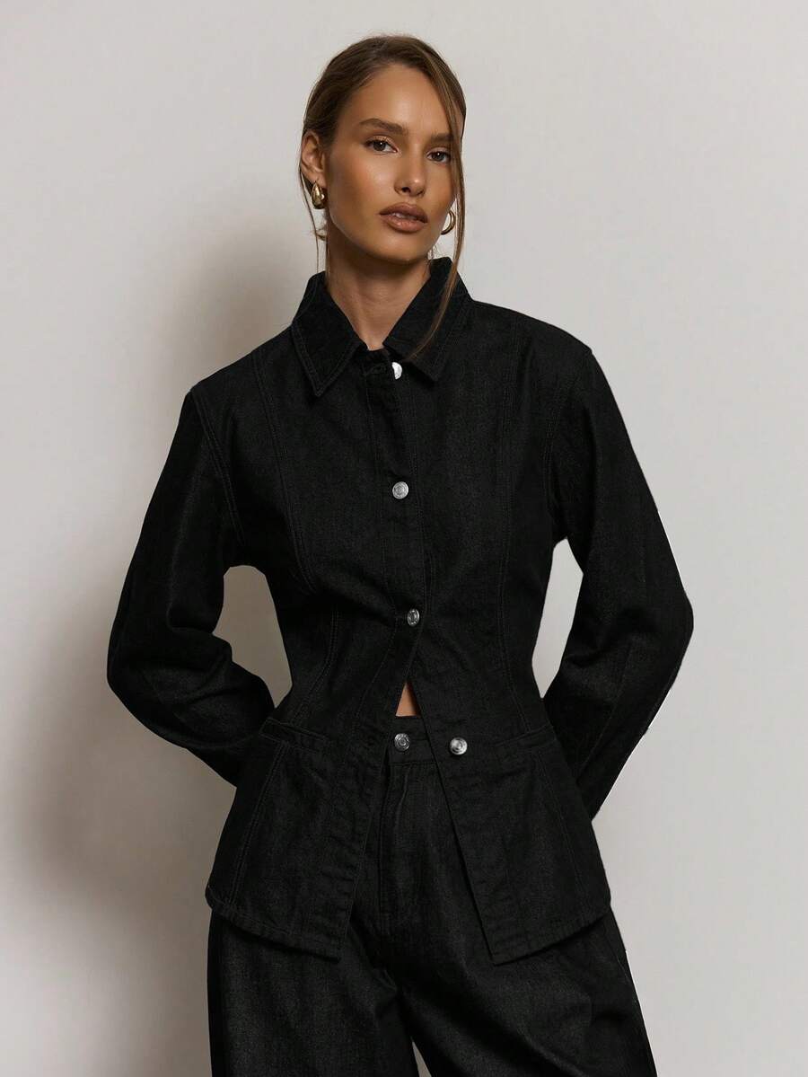 MUSERA 修身长袖翻领牛仔外套，夏季度假休闲可爱优雅酷女孩必备单品，适合办公室穿着，秋冬日常百搭，春季必备 - 黑色 - 查看 1