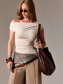 AiiRZ Off Shoulder Ruched Asymmetric Top With Short Sleeves For Casual Everyday Wear