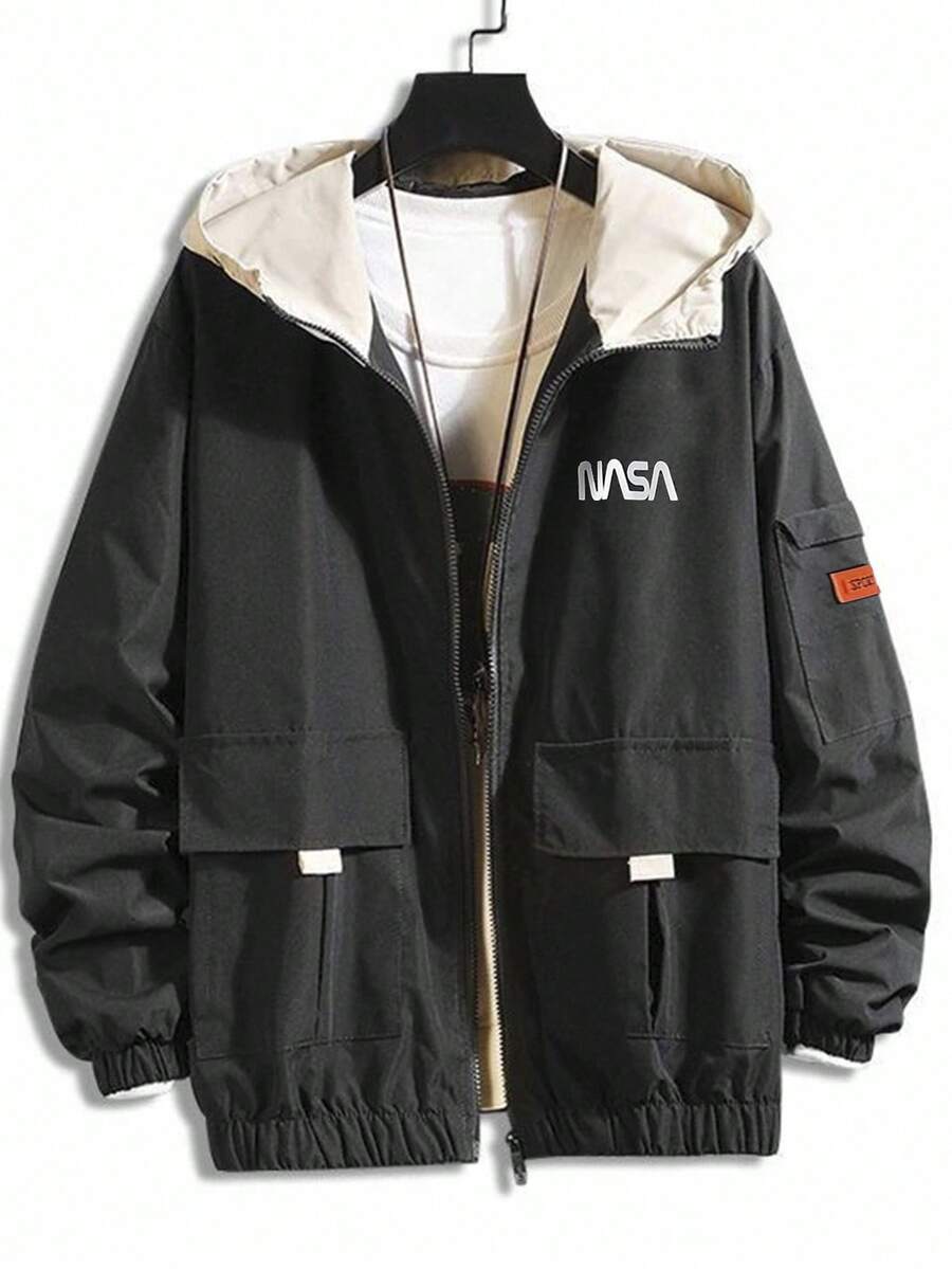 SHEIN Tween 男童休闲撞色拼布连帽内衬夹克，适合秋季、春季、冬季，适合户外玩耍、学校、街头、派对和休闲，性价比高 - 黑色 - 查看 1