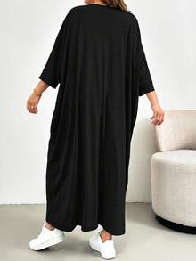 SHEIN Essnce 大码女装春夏时尚休闲宽松舒适日常基本款修身灰色七分袖长裙，简约风格，大码连衣裙，教堂连衣裙女装，外出装 - 黑色 - 查看 2