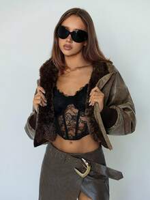 SHEIN ICON 女式复古街头风格翻领短款宽松棕色 PU 皮夹克，秋冬 - 棕色 - 查看 8