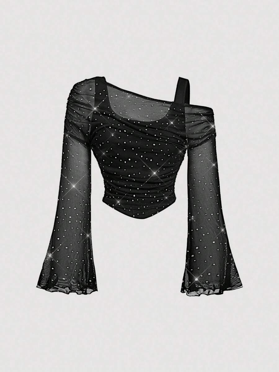 SHEIN MOD 时尚性感亮片装饰不对称领口长袖透视T恤，网纱二合一喇叭袖长袖女式上衣，西部风，复古风，70年代风格，单身派对，秋季女装，圣诞节，黑色上衣，亮片上衣，派对装，黑色上衣，闪光上衣 - 黑色 - 查看 1
