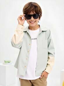 SHEIN Tween Boy Casual 2-In-1 Long Sleeve Shirt,Beige,Autumn,Streetwear,School,Back-To-School,Loose Lapel,Stylish Tag Fashionable Wear,Solid Color,Teenager - Mint Green - View 5