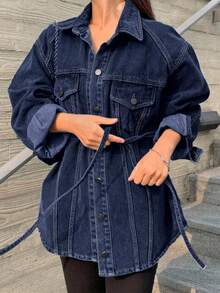 DAZY Women's Washed Distressed Lace-Up Loose Split Streetwear Denim Jeans, Spring/Autumn Long Sleeve Women - Royal Blue - View 3