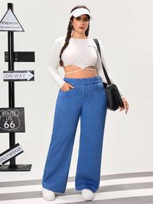 Flexra 大码女式休闲宽松阔腿牛仔裤 - 藍色 - 查看 5