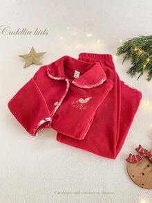 SHEIN Vintaside Kids 女童 2 件組紅色睡衣套裝，可愛鹿圖案刺繡開襟上衣與純色長褲，舒適秋季夜晚度假穿搭，冬季嘉年華服飾 - 紅色 - 查看 6