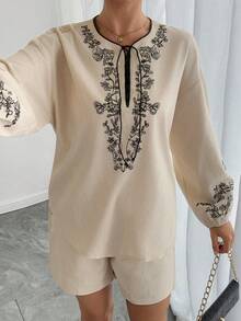DAZY Vintage Vacation Long Sleeve Top And Shorts Set, 2pcs/Set For Women Lounge Sets For Women - Apricot - View 5