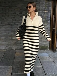 DAZY Women's Casual Loose Contrast Striped Half-Placket Sweater Dress, Autumn - Beige - View 5
