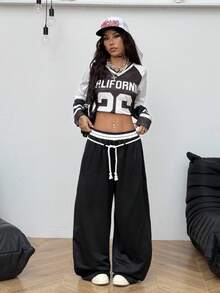 Coolane 女士秋冬街头风外出休闲装扮宽松弹力腰带舒适黑色筒状裤 - 黑色 - 查看 5