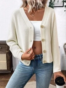Franclia 新款秋季休闲宽松法式优雅针织女开衫 - 米色 - 查看 4