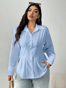 SHEIN EZwear 浅蓝色加大码女式长袖单排扣褶皱设计休闲办公衬衫 - 淺藍色 - 查看 5