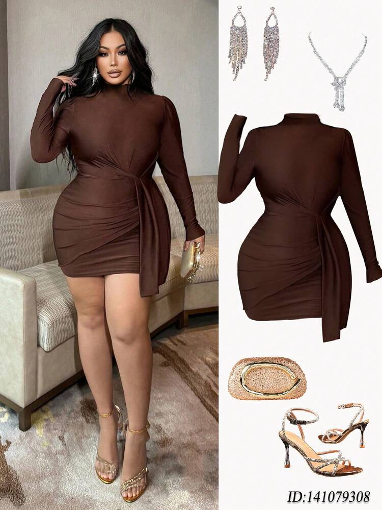 brown bodycon dress plus size Womens Plus Size Beige Mocha Brown Bodycon Midi Maxi Dress 3XL Ruched