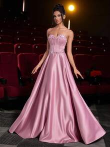 Glamrae 优雅的莲藕粉色光泽缎面露肩领口亮片拼布鱼骨带串珠刺绣超大 A 字裙，配有可调节领带，适合约会、度假、单身、生日、成人仪式、派对、舞会、婚礼、毕业典礼、正式晚会 - 藕粉色 - 查看 5