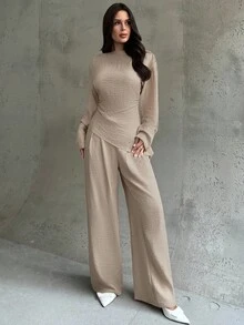 Firerie 2pcs Women's Khaki Elegant Office Outfit,Autumn Asymmetric Ruched Waist Long Sleeve Blouse And Wide Leg Pants,Linen Minimalist Casual Commute Suit - Khaki - View 7