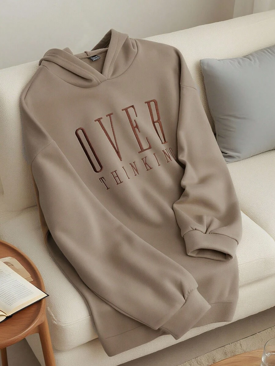 Franclia 休闲字母刺绣连帽长款卫衣，秋冬 - 卡其色 - 查看 1
