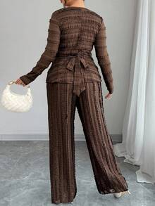 Elenzga Ensemble 2 pièces casual pour femmes grandes tailles, Top à manches longues col V texturé couleur unie et pantalon large - Marron - Voir 2