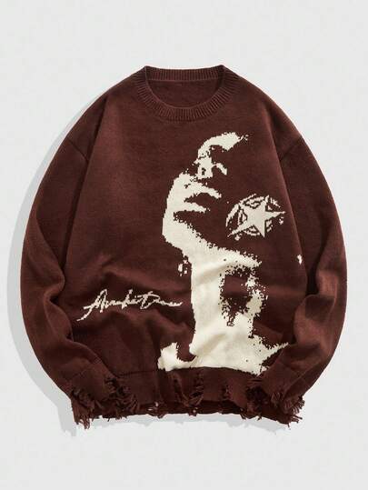 ROMWE Avant Men's Crew Neck Distressed Figure Pattern Sweater, Fall Winter