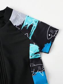 Young Boy Cartoon Graphic Zipper Front One Piece Swimsuit - Black - View 4