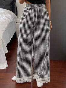 DAZY Women's Plaid Wide Leg Ruffle Trim Pajama Bottoms, Fall - Black and White - View 5