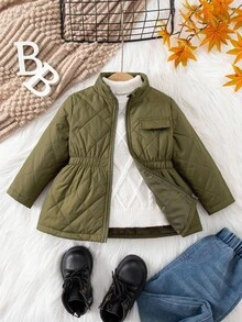 SHEIN Baby Girl Casual Green Collar Fleece Jacket, Versatile For Autumn/Winter Fall