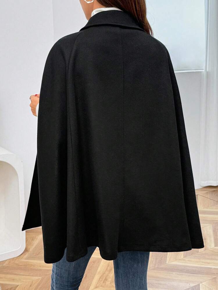 SHEIN 孕妇纯色双排扣优雅斗篷常规夹克，秋冬 - 黑色 - 查看 2