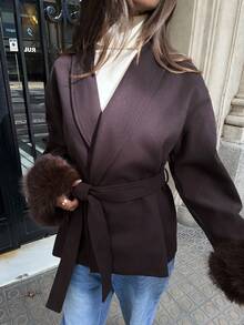 Aloruh 时尚毛绒袖口咖啡色大衣，秋冬