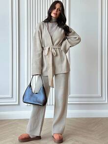 Firerie 女士优雅休闲度假通勤V领宽松腰部毛衣上衣和高腰阔腿裤毛衣套装，适合春秋冬季，休闲毛衣裤套装 - 杏色 - 查看 5