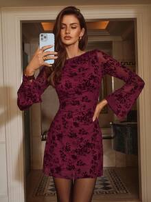 Aloruh Abito a maniche lunghe in velluto bordeaux per l'autunno/inverno - Bordò - Visualizzare 6