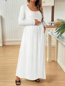 SHEIN Solid Color Draping Autumn Maternity Dress - White - View 4