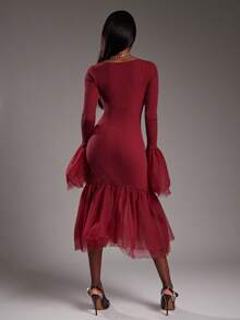 NYA SZN Đầm dài tay cổ chữ V ôm sát cơ thể cho dịp đặc biệt dự tiệc cưới, tiệc chiêu đãi, tiệc cưới, tiệc tốt nghiệp, váy dài đến giữa bắp chân, mùa hè dành cho nữ - Đỏ - Xem 2