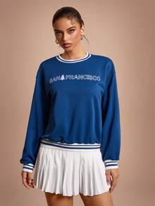 SHEIN Sports Women's Contrast Stripe Letter Embroidery Sweatshirt - Blue - View 7