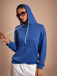 Streetz SHEIN Sport Áo nỉ trùm đầu tay dài hở vai màu trơn có dây rút cho nữ - Màu xanh lam - Xem 2