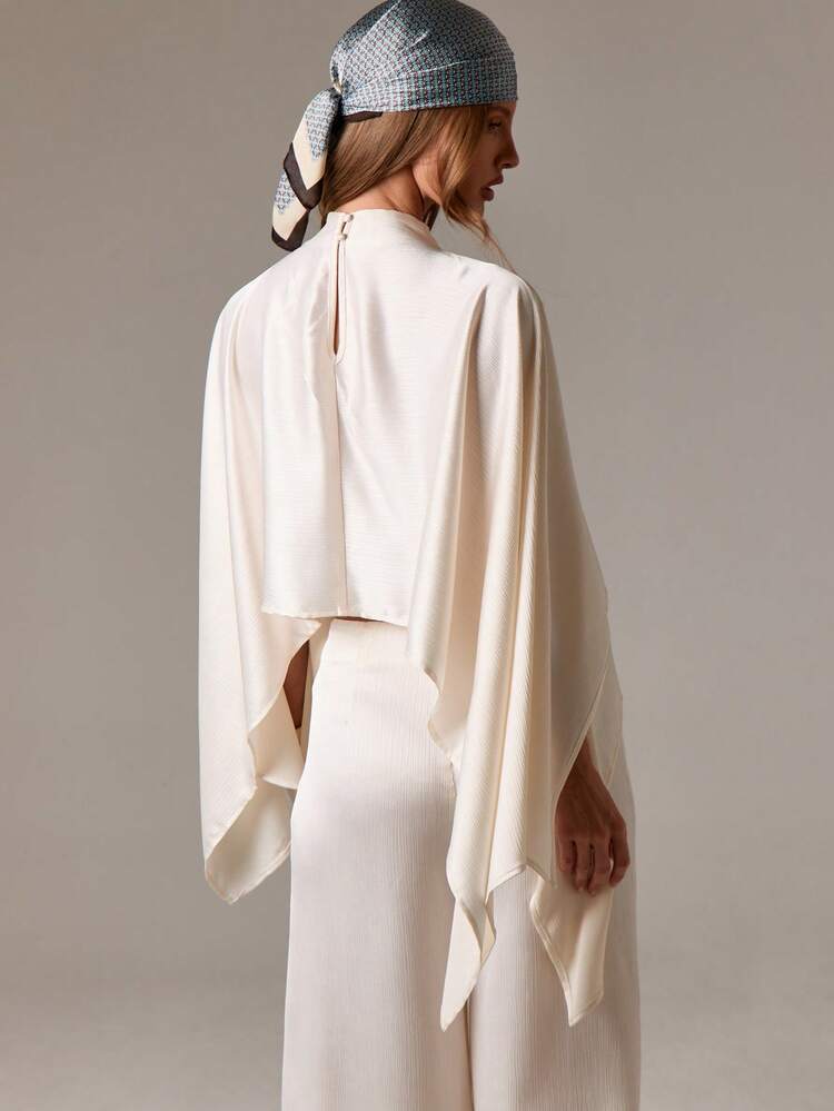 High Neck Draped Blouse With Asymmetrical Hem