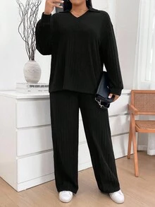 SHEIN CURVE+ Bộ 2 quần thường ngày có túi và áo nỉ cổ tròn in họa tiết da báo cỡ lớn - màu đen - Xem 4