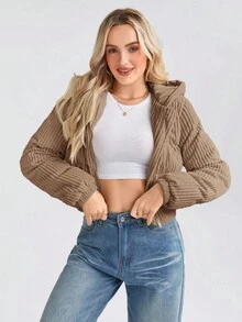 SHEIN LUNE 女式短款休闲街头时尚灯芯绒棉衣，冬季 - 棕色 - 查看 5