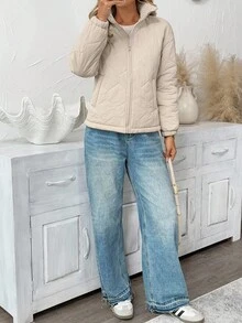 SHEIN LUNE 女士休闲保暖长袖口袋绗缝外套，女士夹克，绗缝外套，拉链外套，轻便外套，女士秋冬服装，女士冬季服装，女士冬季外套，女士冬季夹克，女士休闲工作装，女士秋冬服装，女士舒适秋冬服装，女士绗缝外套，女士保暖服装，女士外套，女士羊羔绒内衬外套，休闲 - 米色 - 查看 7