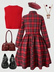 女童格子吊带背心衬衫裙两件套 - 紅色 - 查看 9