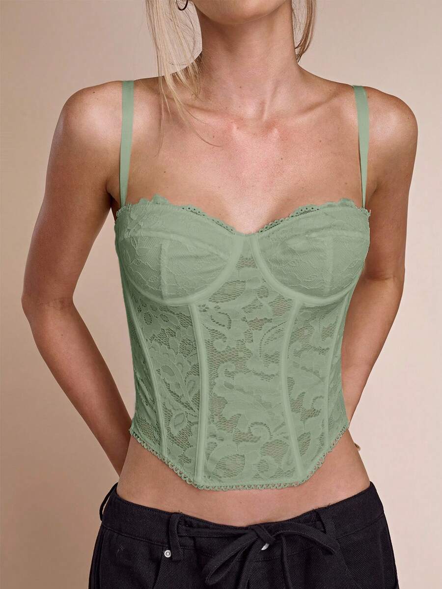 SHEIN BAE Sexy Lace Sheer Camisole Top, Party, Date Night, Commute, Cute Bralette, Sexy Club Top, Corset Top, Strapless Top, Going Out Top, Summer Tops, Cute Top, Lace Top - Mint Green - View 1