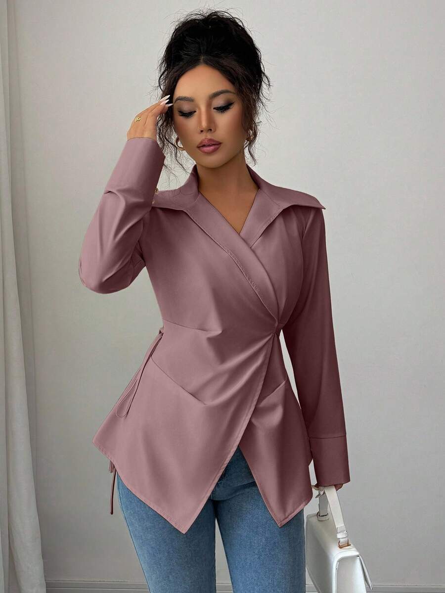Selianne Women's Solid Color Minimalist Long Sleeve Shirt, Casual Everyday Wear - Redwood - View 1