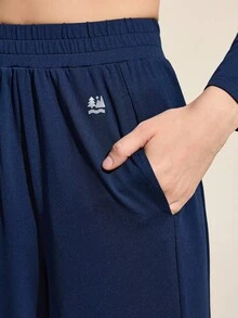 Easithlete Women's Round Neck Raglan Sleeve Long Sleeve Cropped T-Shirt And Pants Casual Versatile Yoga Outdoor Suit - Navy Blue - View 4