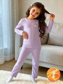 1 套年轻女孩打底衫，紫色活力印花弹力柔软面料长袖上衣和裤子舒适搭配服装，可机洗（1 套单独出售）