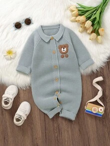 SHEIN Baby Boy Knitted Romper, Peter Pan Collar, Embroidered Bear Design, Cute & Adorable Fall Winter