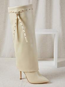 SHUZIA Women's Glamorous Pointy Toe Stiletto Heel Knee High Boots With Rivet Strap Decor - Burgundy - View 5