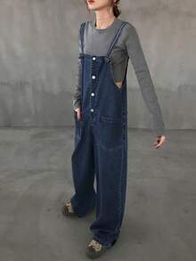 FRIFUL Women's Pocket Design Button Front Casual Wide Leg Jumpsuit Overalls - Blue - View 2