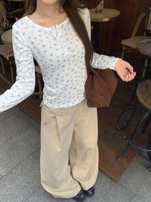 FRIFUL 女式圆领长袖碎花修身休闲领口 T 恤，百搭秋冬 - 彩色 - 查看 2