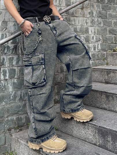 Manfinity EMRG 宽松男士翻盖口袋和侧面板设计工装牛仔裤（不含腰带）