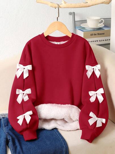 SHEIN Tween Girl Retro College Style Knit Crew Neck Pullover Sweatshirt With Contrast Bow, Thick Fleece Lining, Long Sleeve Autumn Winter Clothes For Women